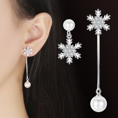 New Korean Imitation Pearl Snowflake Earrings, Women's Fashion Silver Plated Earrings