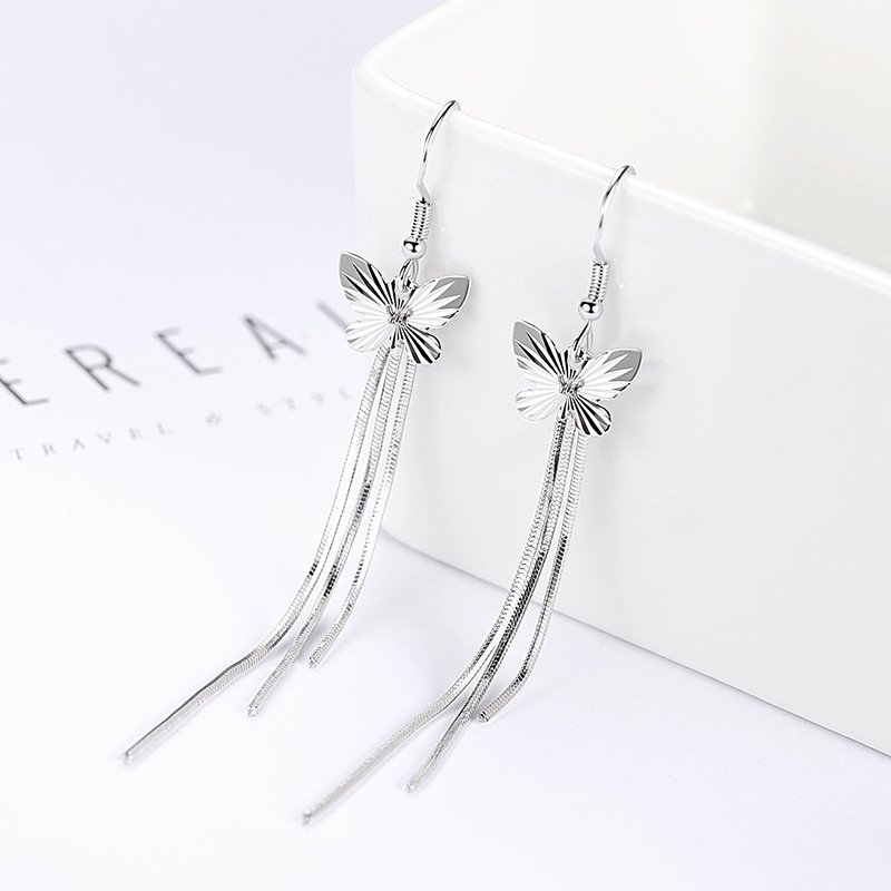 Korean Fashion Butterfly Tassel Earrings, Women's Long Silver Plated Earrings,Fashion Jewelry, Women Earrings, Stud Earrings