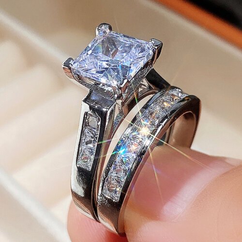 Women's Square Diamond Zircon Rings Set, Fashionable Jewelry