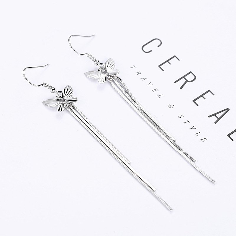 Korean Fashion Butterfly Tassel Earrings, Women's Long Silver Plated Earrings,Fashion Jewelry, Women Earrings, Stud Earrings