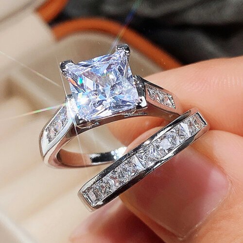 Women's Square Diamond Zircon Rings Set, Fashionable Jewelry