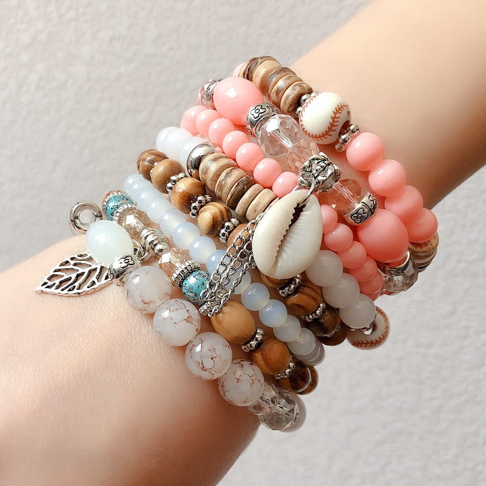 European and American Fashion Accessories Bohemian Ethnic Style Color Matching Women's Natural Shell Elastic Rope Multi-layer Beaded Bracelet