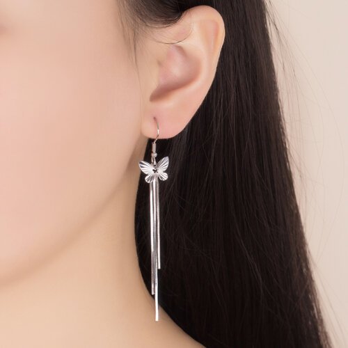 Korean Fashion Butterfly Tassel Earrings, Women's Long Silver Plated Earrings,Fashion Jewelry, Women Earrings, Stud Earrings