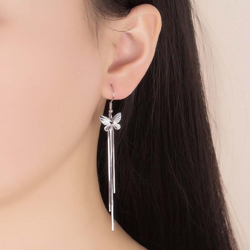 Korean Fashion Butterfly Tassel Earrings, Women's Long Silver Plated Earrings,Fashion Jewelry, Women Earrings, Stud Earrings