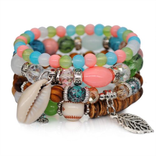 European and American Fashion Accessories Bohemian Ethnic Style Color Matching Women's Natural Shell Elastic Rope Multi-layer Beaded Bracelet