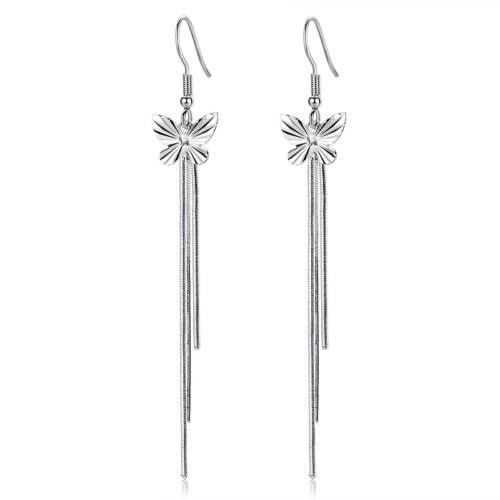 Korean Fashion Butterfly Tassel Earrings, Women's Long Silver Plated Earrings,Fashion Jewelry, Women Earrings, Stud Earrings