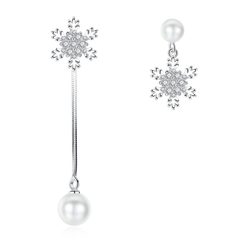 New Korean Imitation Pearl Snowflake Earrings, Women's Fashion Silver Plated Earrings