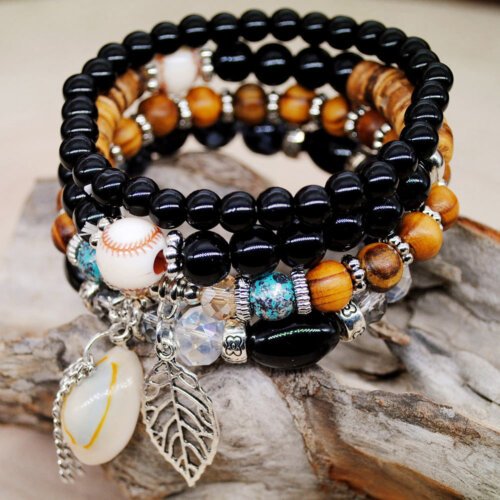 European and American Fashion Accessories Bohemian Ethnic Style Color Matching Women's Natural Shell Elastic Rope Multi-layer Beaded Bracelet