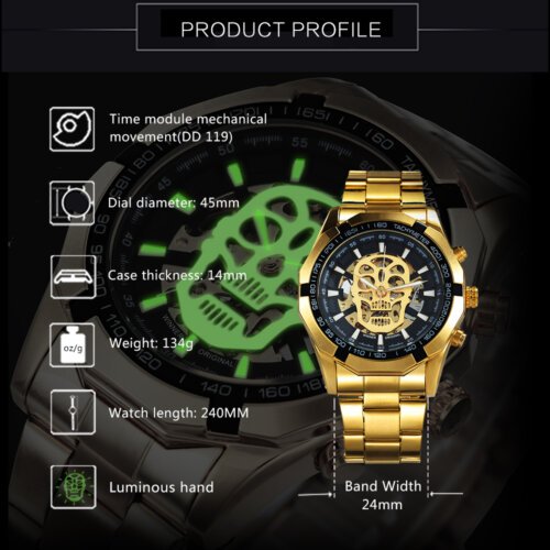 [✔]Winner Original Luxury Men's Casual Watch,Fashion Luminous Waterproof Watch,Skull Hollow Automatic Mechanical Watch
