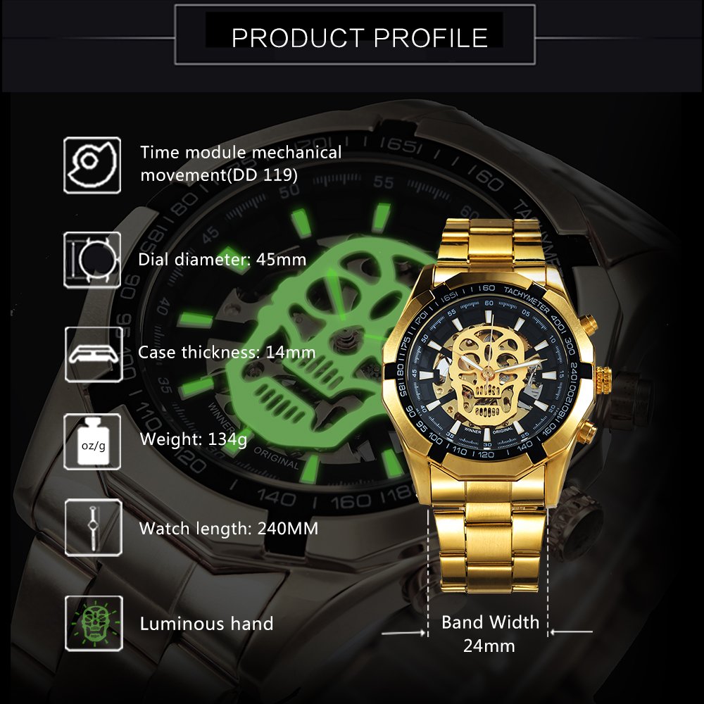 [✔]Winner Original Luxury Men's Casual Watch,Fashion Luminous Waterproof Watch,Skull Hollow Automatic Mechanical Watch