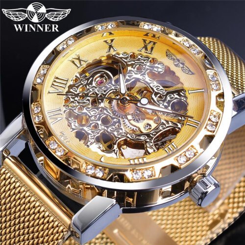 [✔]Winner Original Luxury Men's Stainless Steel Watches, Fashion Hollow Casual Business Watches, Manual Mesh Strap Mechanical Watches,Men’s Watch