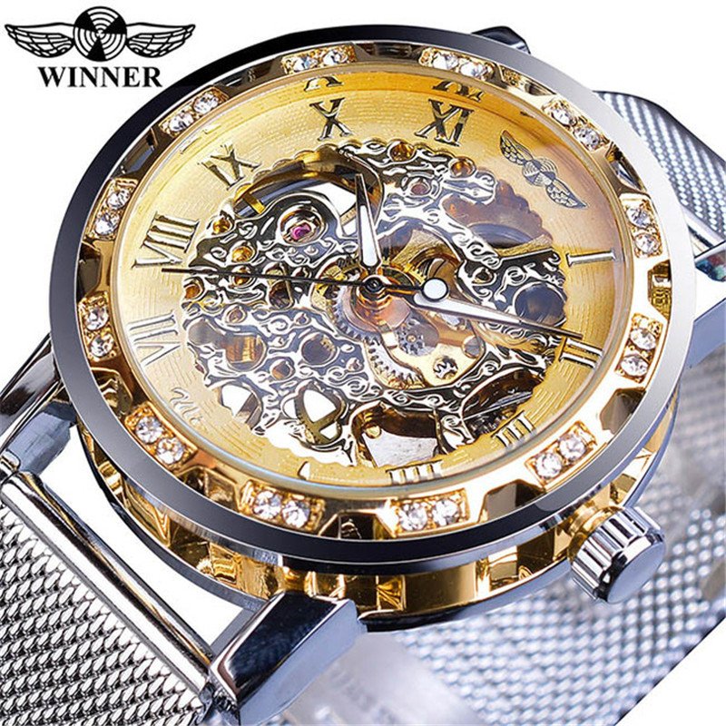 [✔]Winner Original Luxury Men's Stainless Steel Watches, Fashion Hollow Casual Business Watches, Manual Mesh Strap Mechanical Watches,Men’s Watch