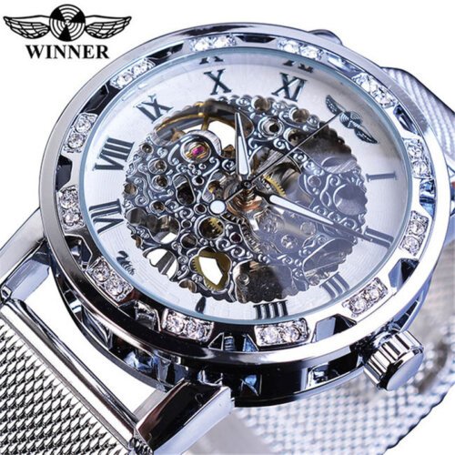 [✔]Winner Original Luxury Men's Stainless Steel Watches, Fashion Hollow Casual Business Watches, Manual Mesh Strap Mechanical Watches,Men’s Watch