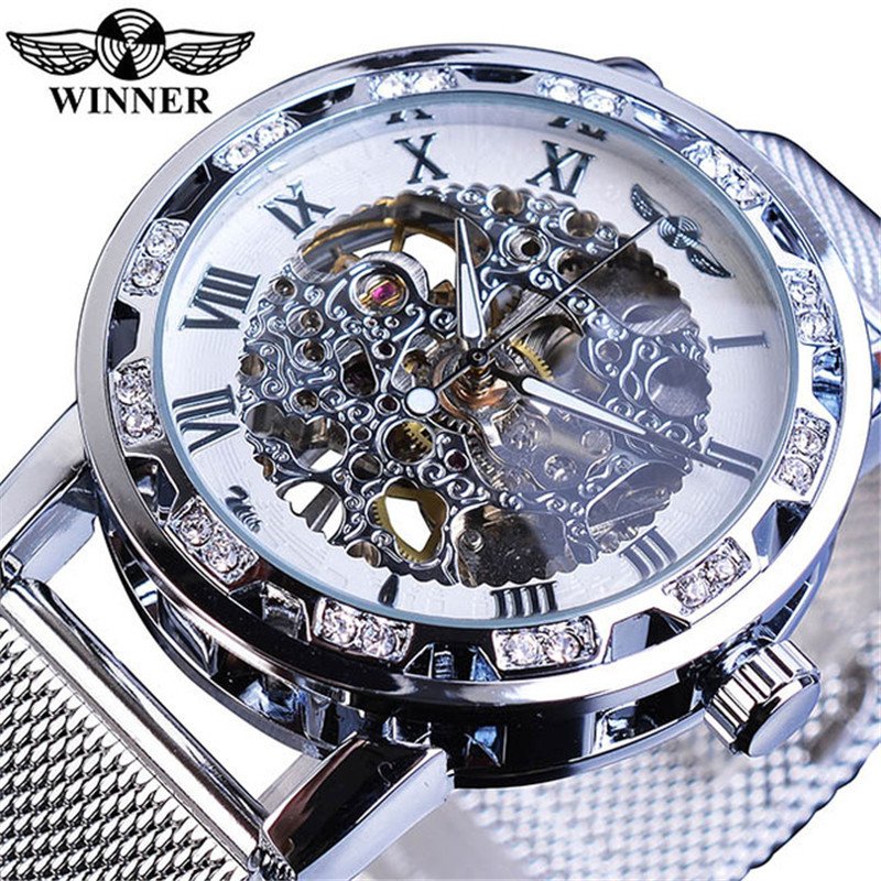 [✔]Winner Original Luxury Men's Stainless Steel Watches, Fashion Hollow Casual Business Watches, Manual Mesh Strap Mechanical Watches,Men’s Watch