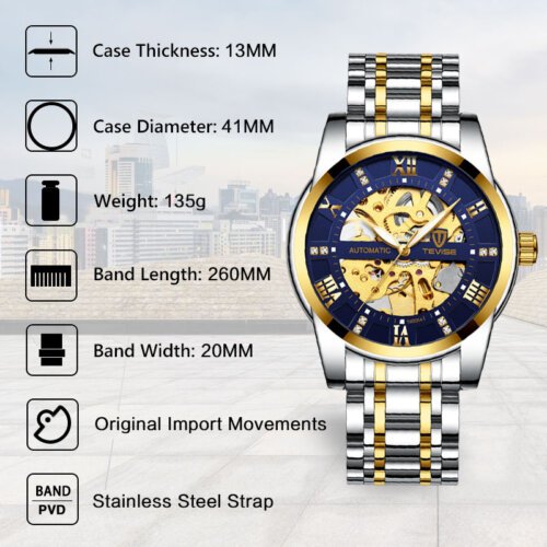 [✔]Original Tevise Watch,Men Watches Male Luxury Automatic Mechanical Watch Men’s Watch, Waterproof Watch Full Steel Business Watch For Men, Luminous Watch