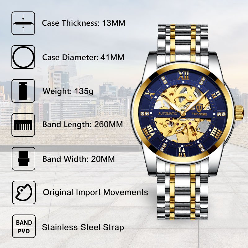 [✔]Original Tevise Watch,Men Watches Male Luxury Automatic Mechanical Watch Men’s Watch, Waterproof Watch Full Steel Business Watch For Men, Luminous Watch