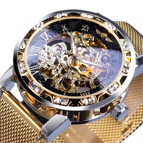 [✔]Winner Original Men's Stainless Steel Watches, Fashion Hollow Casual Business Watches, Manual Mesh Strap Mechanical Watches,Men’s Watch