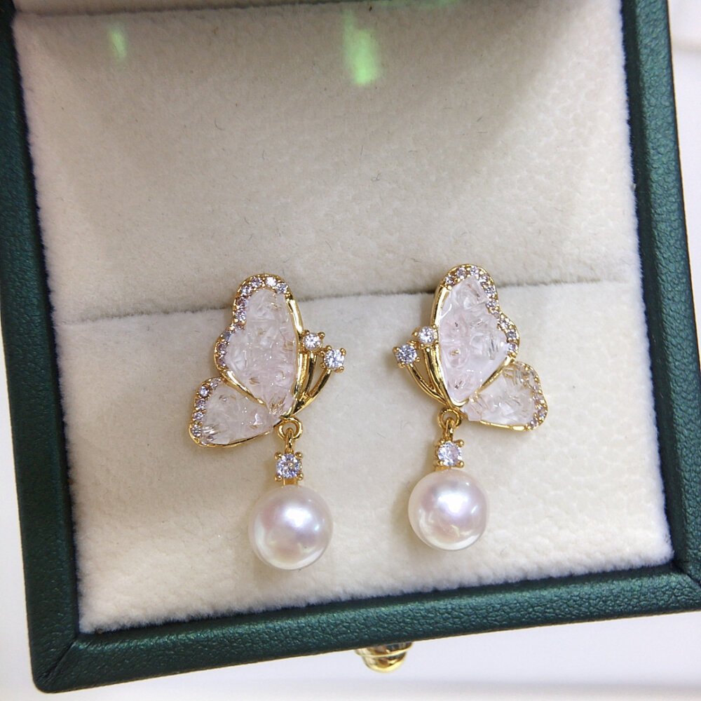 主图_01 Fashion Women's Earrings, Luxury Jewelry, Natural Freshwater Pearl Earrings, Ice Crystal Butterfly Pearl Earrings, Ice Crystal Zircon Flower Earrings, S925 Sterling Silver Earrings