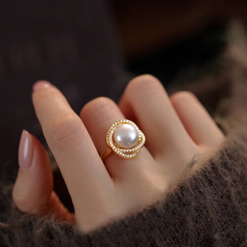 Luxury Jewelry, Fashion Women's Ring, Natural Freshwater Pearl Zircon Rings for Women, Open End Rings