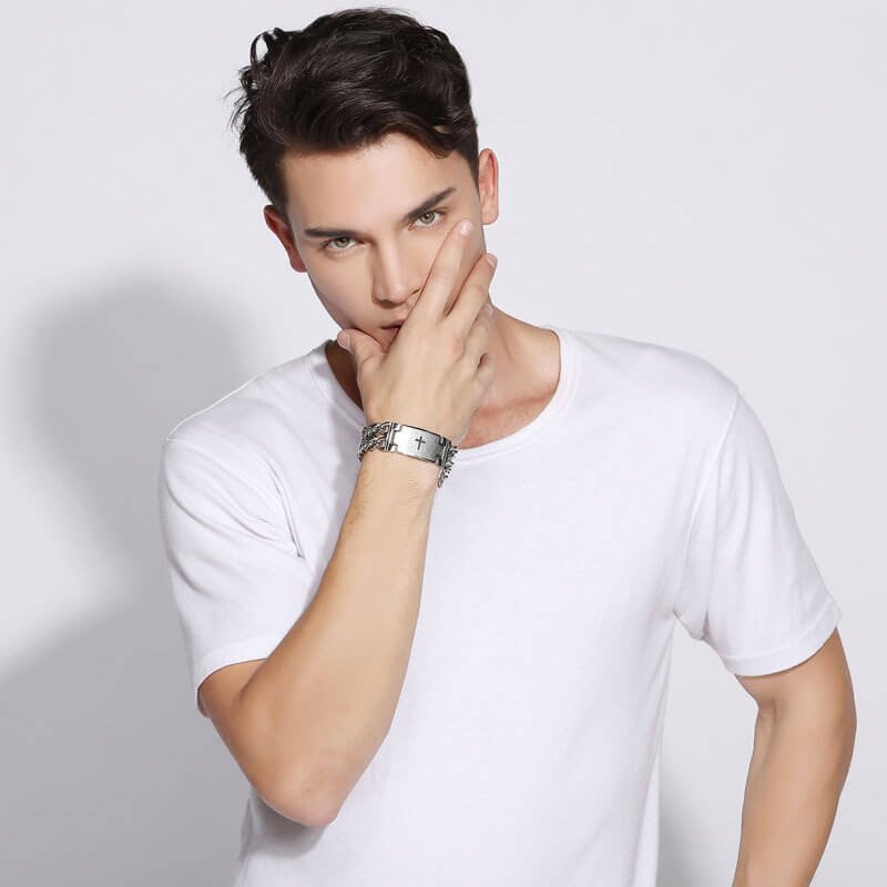 Women's Bracelet Men's Bracelet Cross Double Row Titanium Steel Stainless Steel Couple's Bracelet