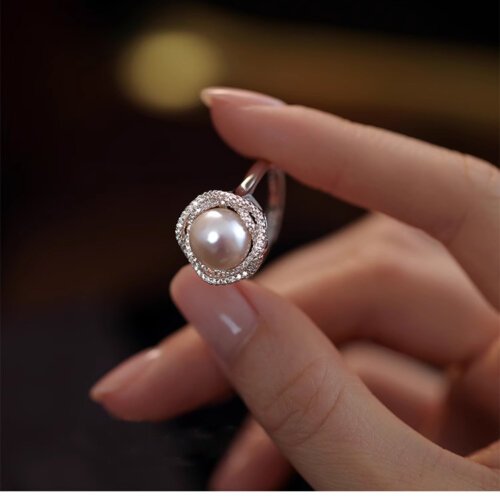 Luxury Jewelry, Fashion Women's Ring, Natural Freshwater Pearl Zircon Rings for Women, Open End Rings