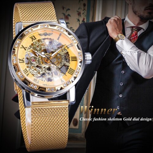 [✔]Winner Original Luxury Men's Stainless Steel Watches, Fashion Hollow Casual Business Watches, Manual Mesh Strap Mechanical Watches,Men’s Watch