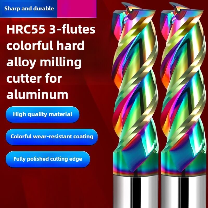 Colorful High Gloss Hard Alloy Milling Cutter HRC55 3 Flutes Tungsten Carbide End Mill Aluminium Milling Bit DLC Endmill Metal CNC Cutter for Aluminun