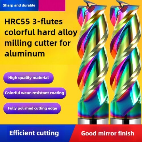 Colorful High Gloss Hard Alloy Milling Cutter HRC55 3 Flutes Tungsten Carbide End Mill Aluminium Milling Bit DLC Endmill Metal CNC Cutter for Aluminun