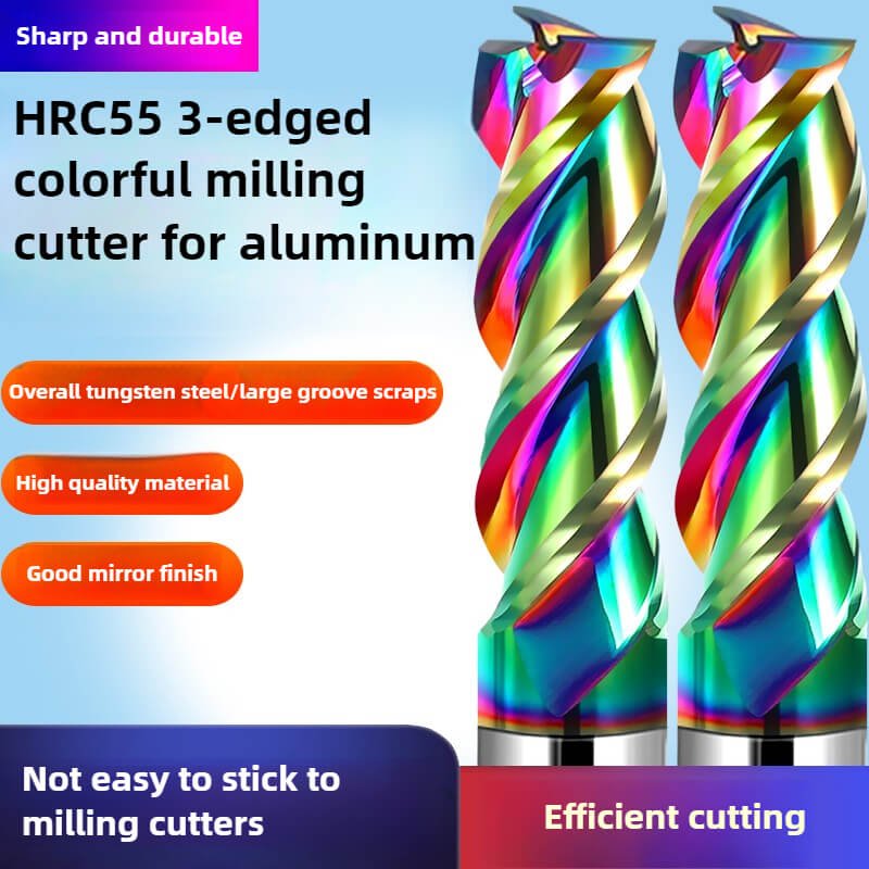 Colorful High Gloss Hard Alloy Milling Cutter HRC55 3 Flutes Tungsten Carbide End Mill Aluminium Milling Bit DLC Endmill Metal CNC Cutter for Aluminun
