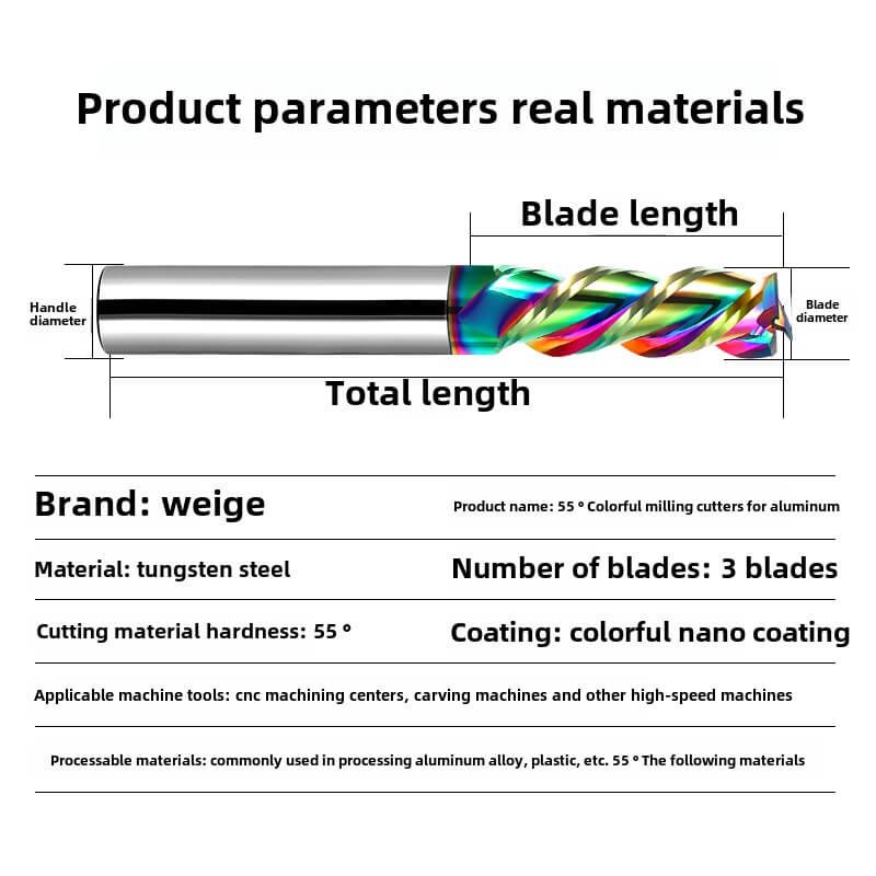 Colorful High Gloss Hard Alloy Milling Cutter HRC55 3 Flutes Tungsten Carbide End Mill Aluminium Milling Bit DLC Endmill Metal CNC Cutter for Aluminun