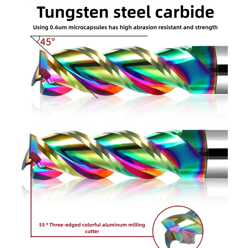 Colorful High Gloss Hard Alloy Milling Cutter HRC55 3 Flutes Tungsten Carbide End Mill Aluminium Milling Bit DLC Endmill Metal CNC Cutter for Aluminun