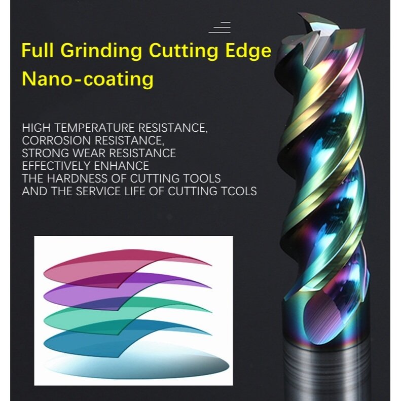 Colorful High Gloss Hard Alloy Milling Cutter HRC55 3 Flutes Tungsten Carbide End Mill Aluminium Milling Bit DLC Endmill Metal CNC Cutter for Aluminun